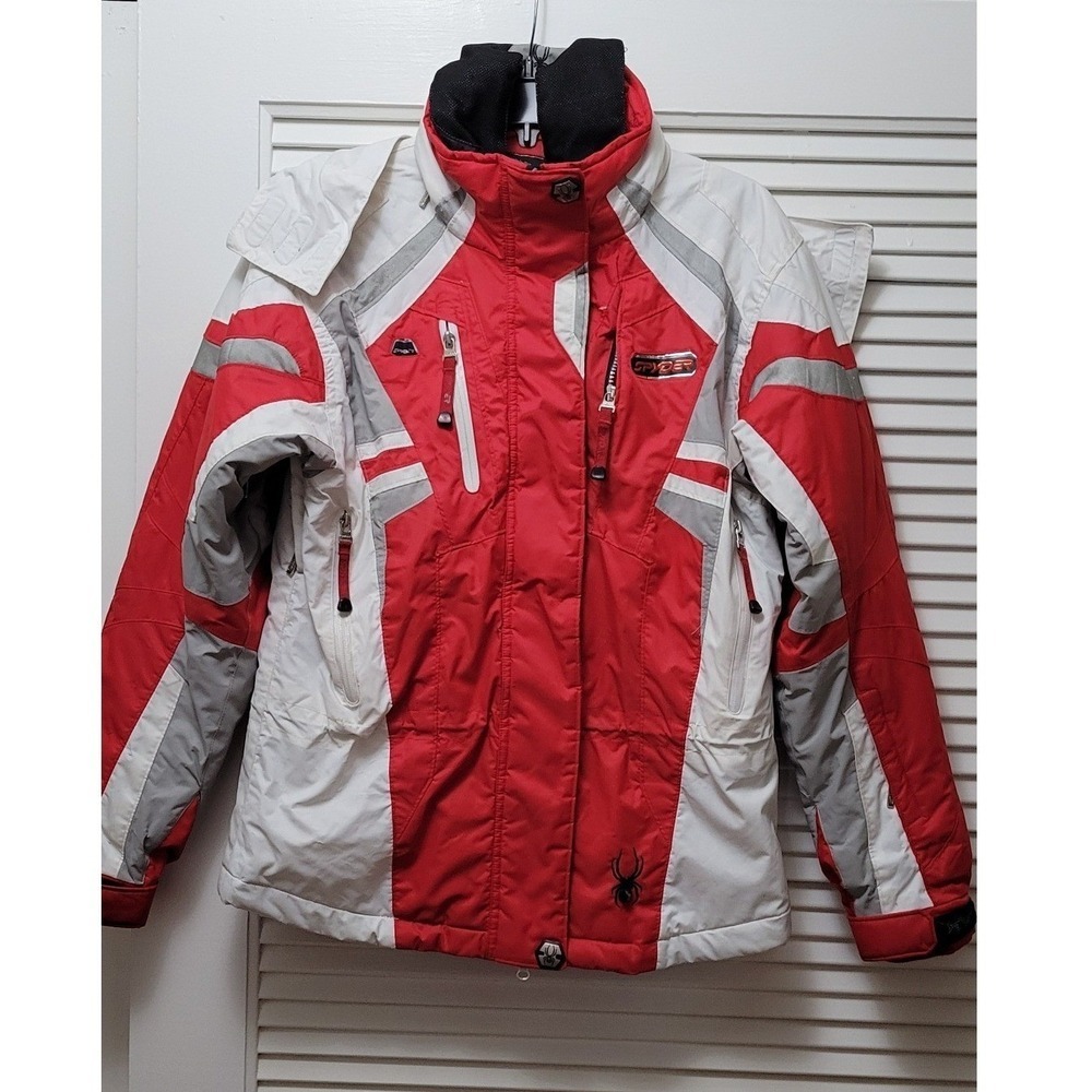 Ski Jacket Red White Grey Insulated Hooded Waterproof Coat Large Spyder